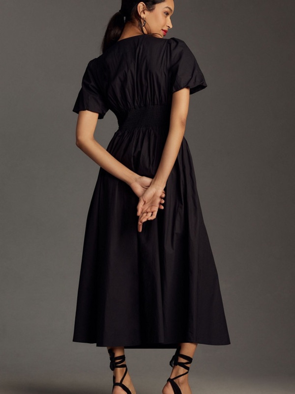 Anthropologie Katerina Black V-Neck Button-Front Midi Dress - Picture 2 of 5